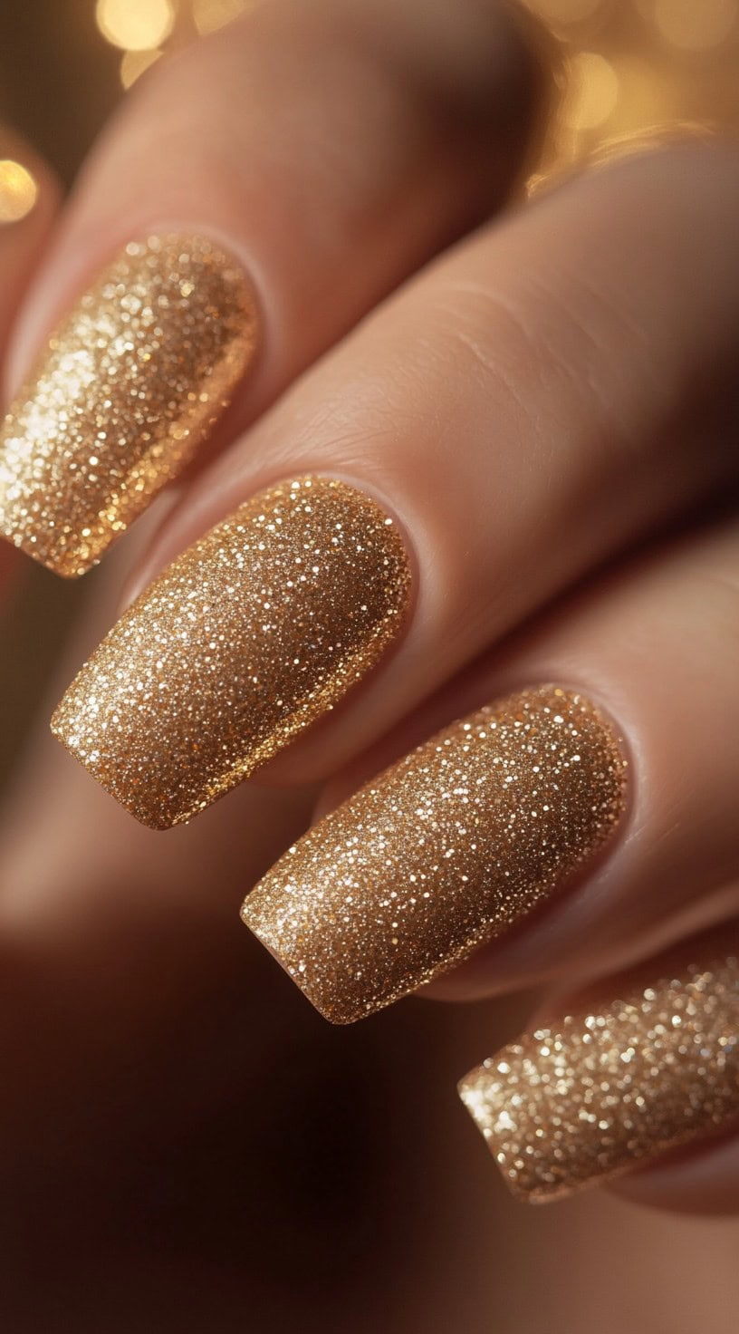 Square nails fully coated in ultra-fine gold glitter, creating a high-impact, sparkling wedding manicure.