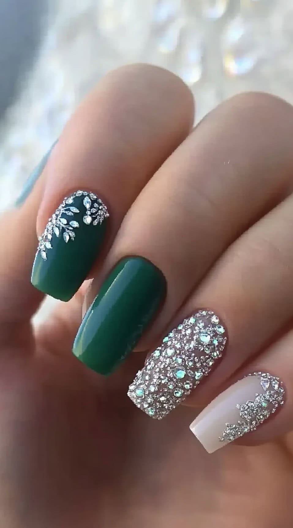 A set of deep green nails accented with intricate silver rhinestone embellishments and glittering crystal details for a luxurious finish.