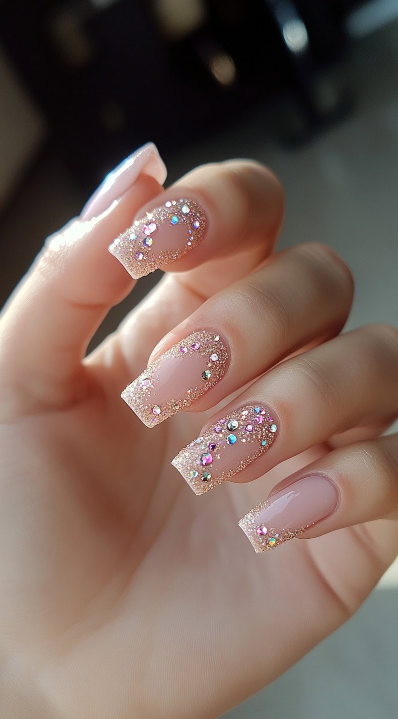 A hand with coffin-shaped nails featuring a nude base adorned with gold glitter and multicolored rhinestones near the cuticles and tips.