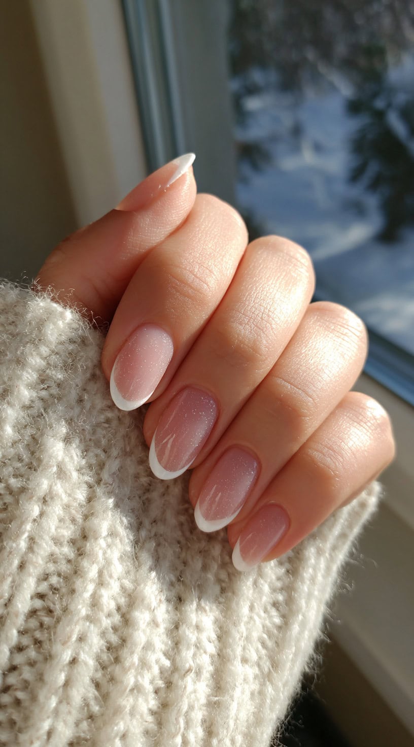 Oval-shaped nails with sheer pink base and subtle white glittery French tips, shown in soft daylight.