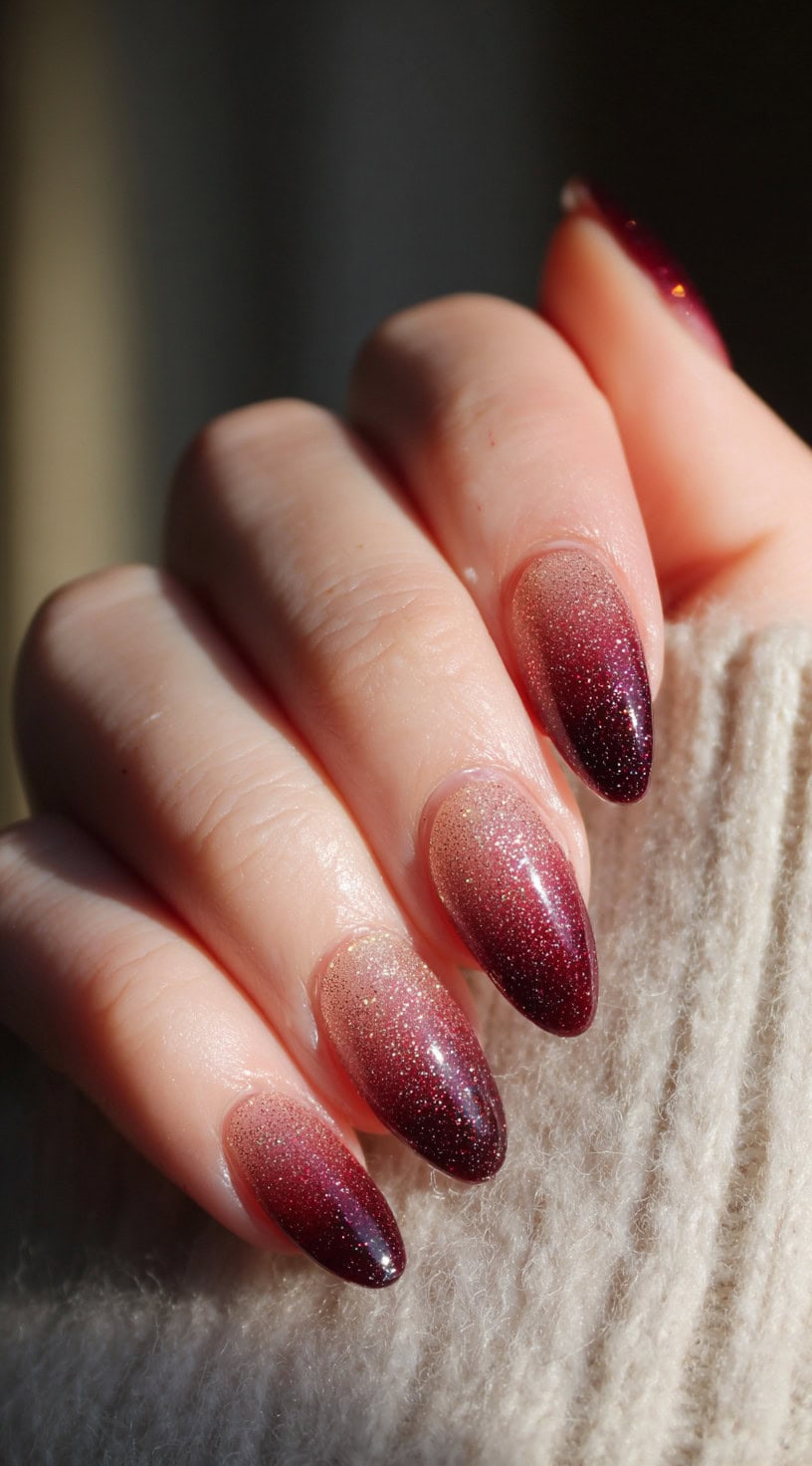 A close-up of glitter ombre nails that fade from soft pink at the cuticle into deep wine tips.