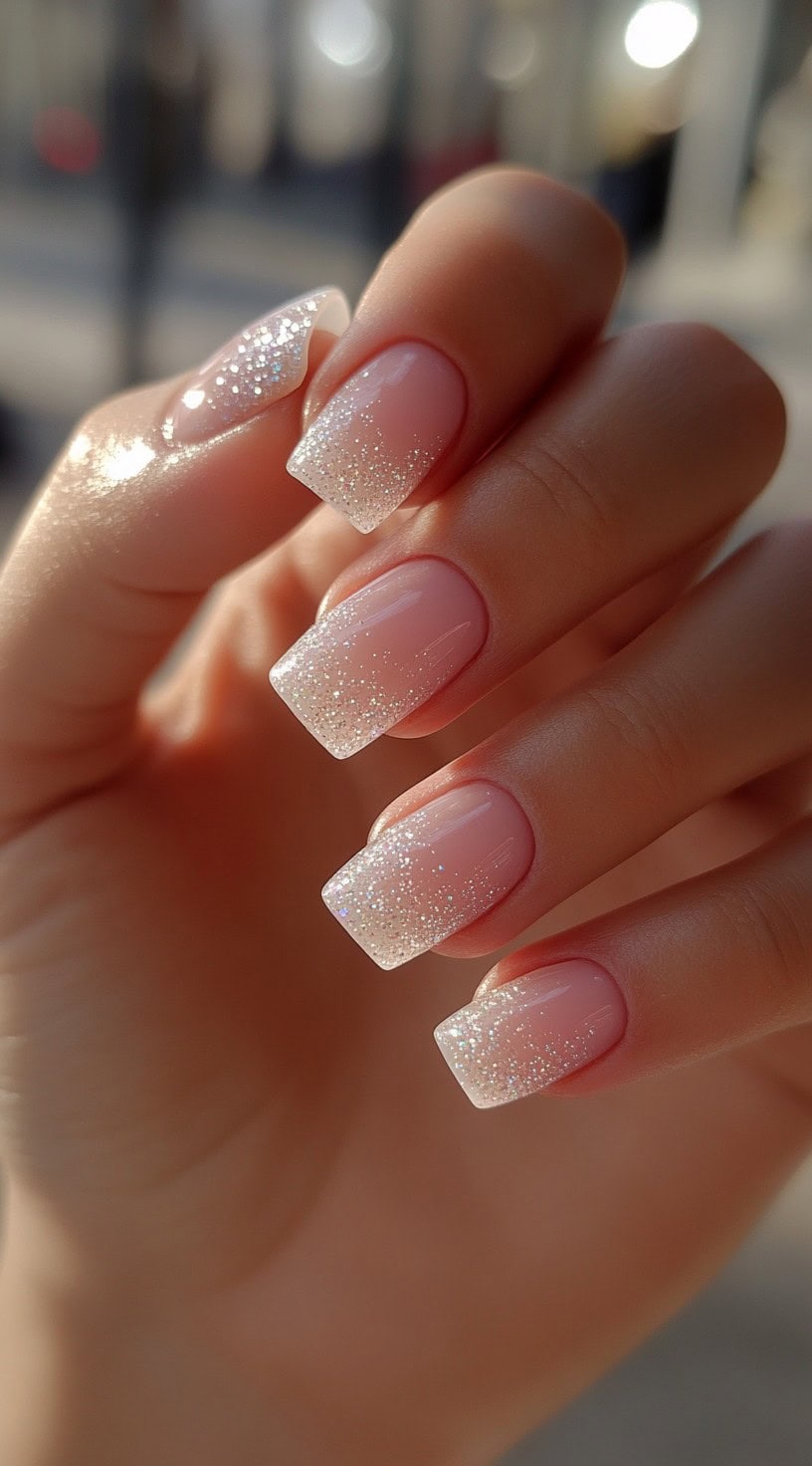 A close-up of a hand with square-shaped nails featuring a soft pink base and a glittery ombre effect at the tips.