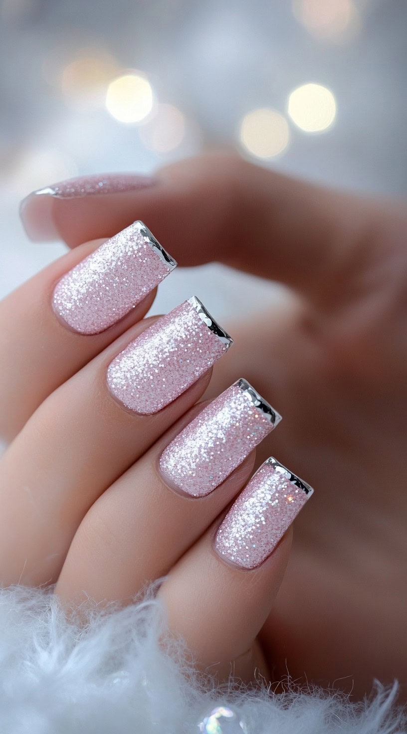 Sparkly pink square nails with metallic chrome French tips, glowing against a soft-focus background.