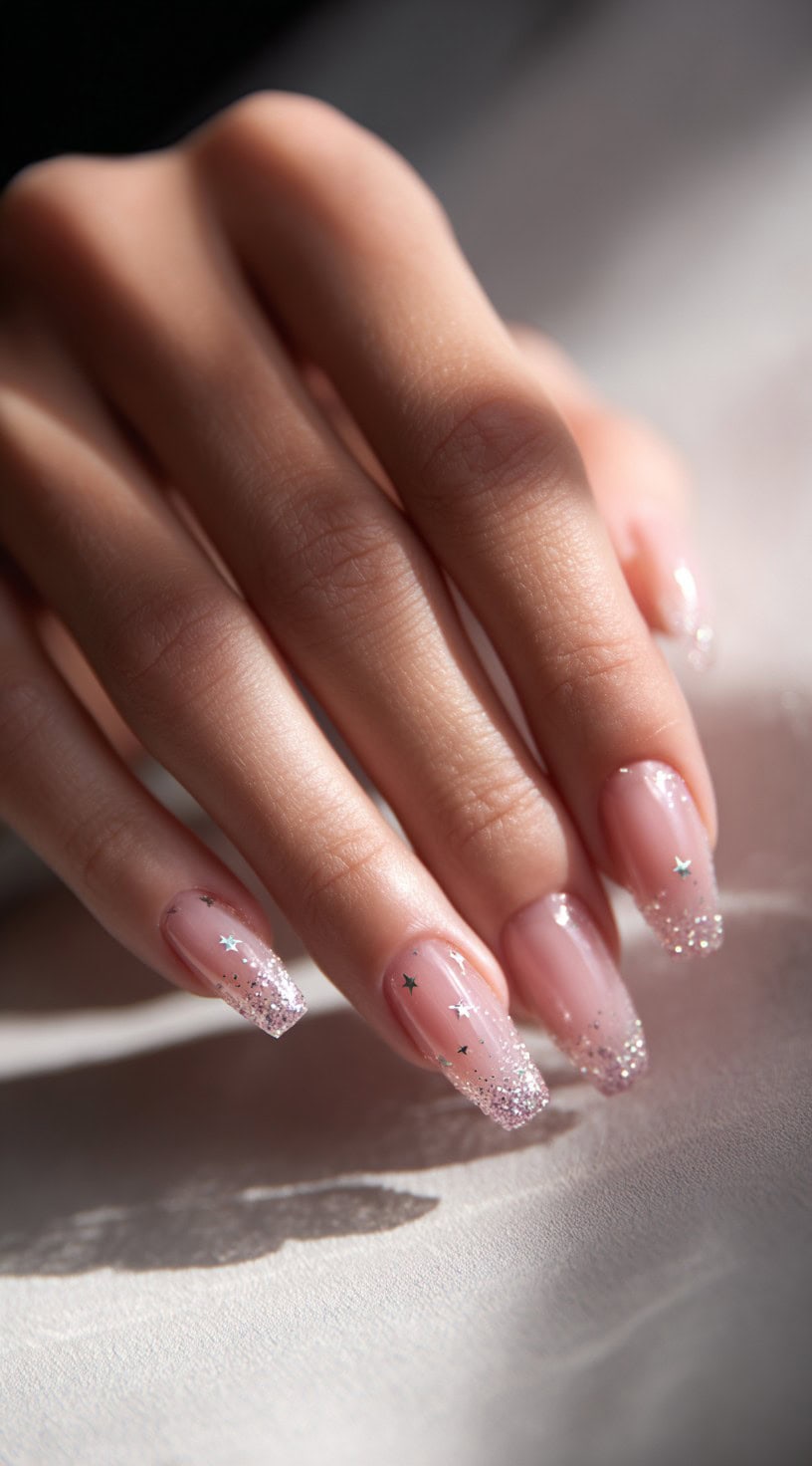 Medium-length nails with a transparent pink base and silver glitter tips decorated with tiny holographic stars.
