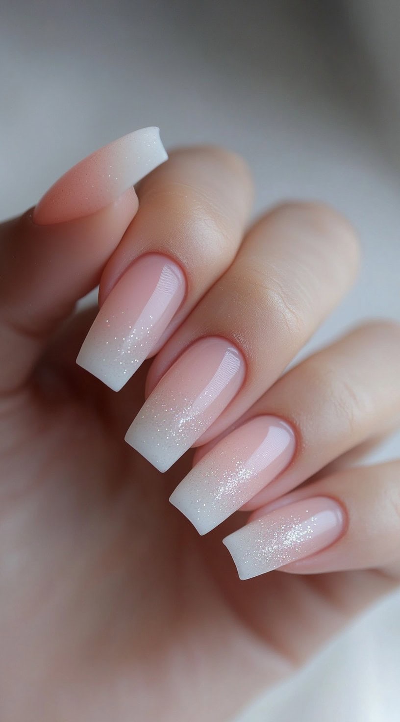 Soft pink nails with a delicate white French tip, dusted with fine glitter for a subtle sparkle.