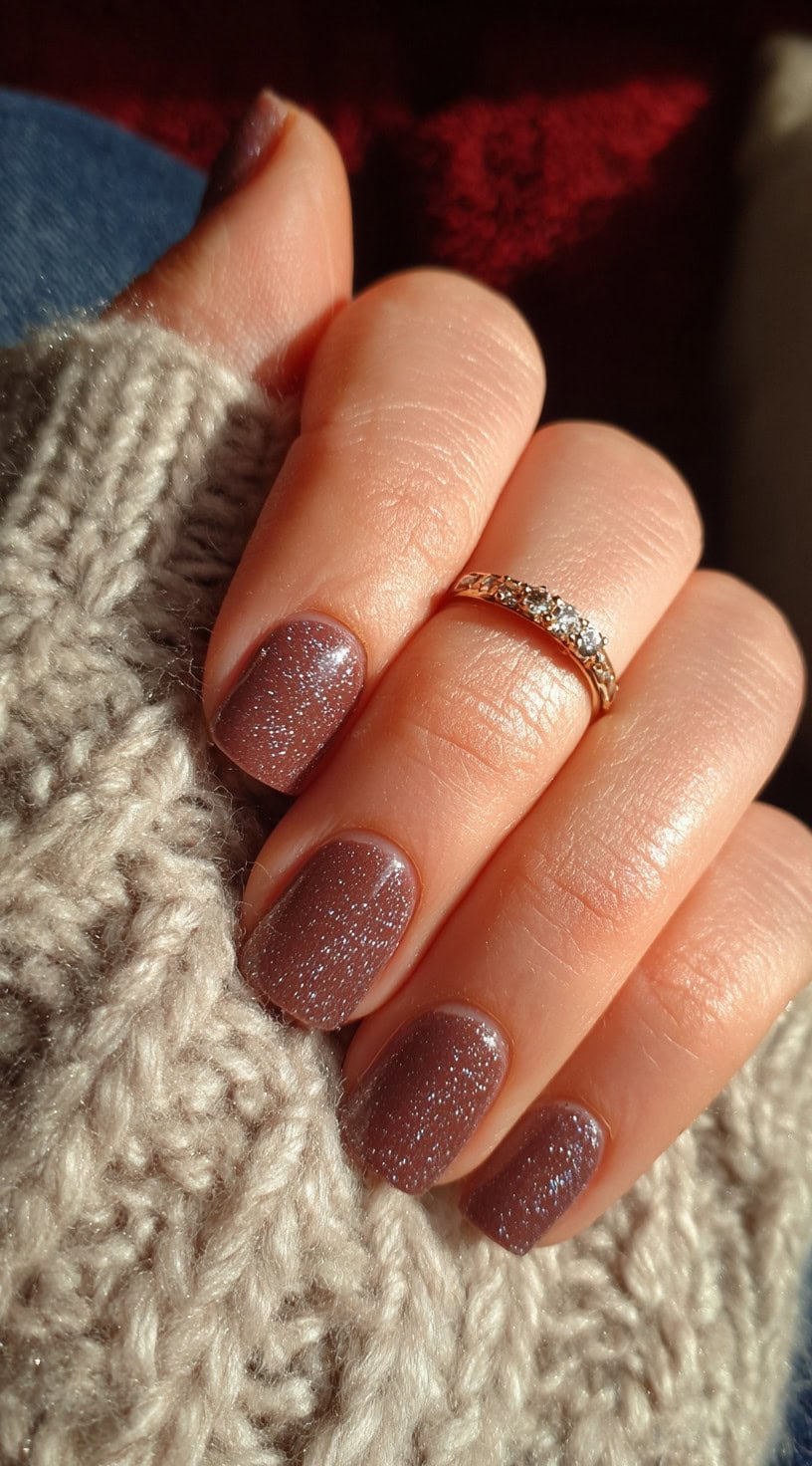 Short natural nails in a chocolate brown shade with fine silver glitter under sunlight.