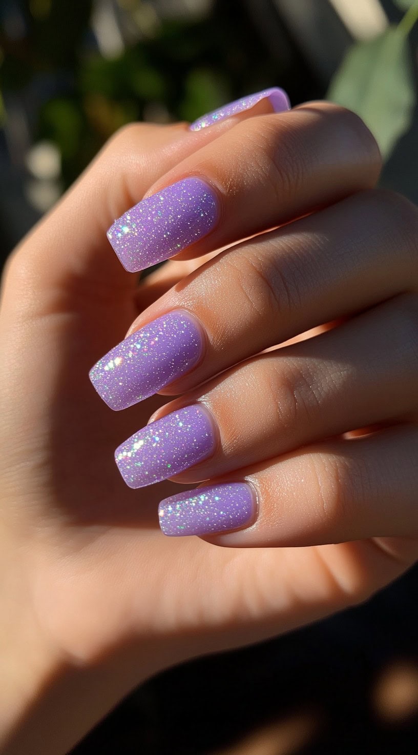 A hand with square-shaped nails painted in a pastel lavender shade with a fine glitter overlay.