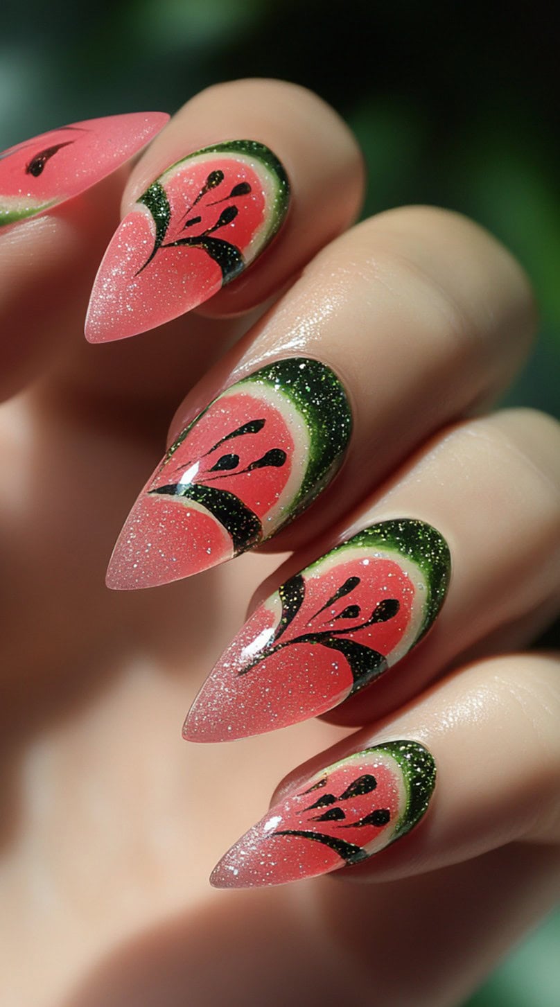 Close-up of long almond nails painted like watermelon slices with black seeds and glittery accents.