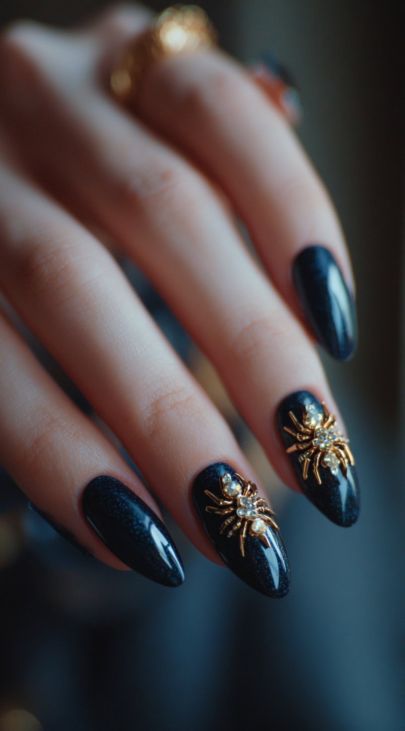 A close-up of black glossy almond-shaped nails featuring gold 3D spider embellishments adorned with rhinestones.