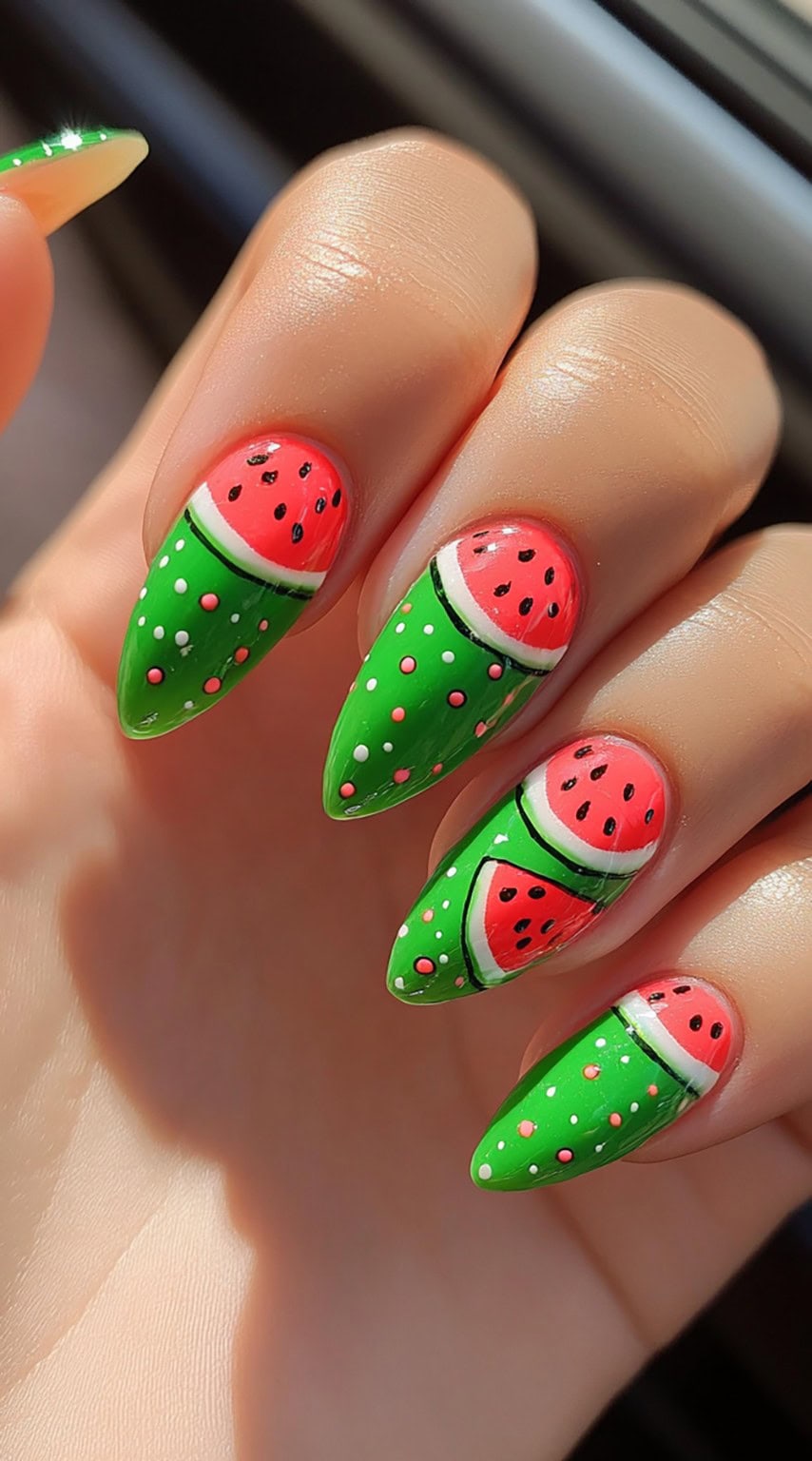 A hand with almond-shaped nails painted in a bold green and pink watermelon design with tiny dotted accents.