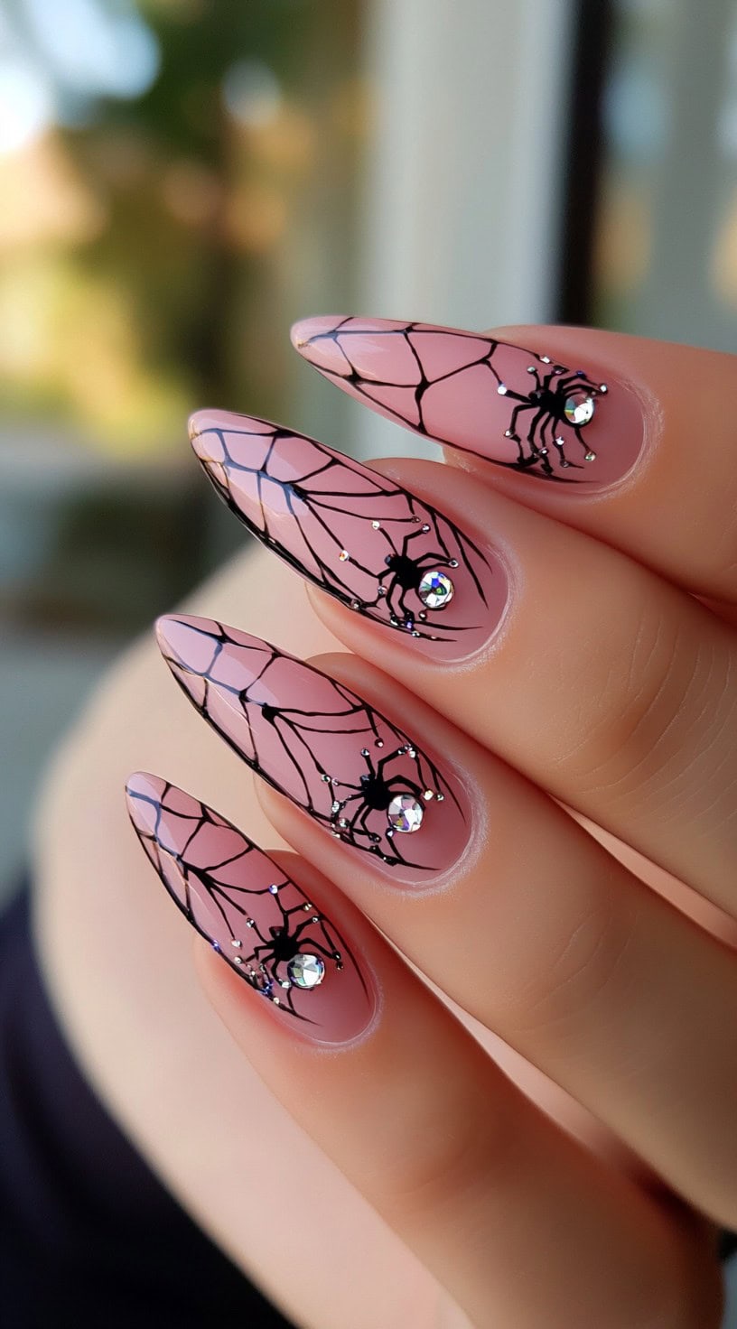 Almond-shaped nails with soft pink base, black spiderwebs, and crystal-studded spider accents.