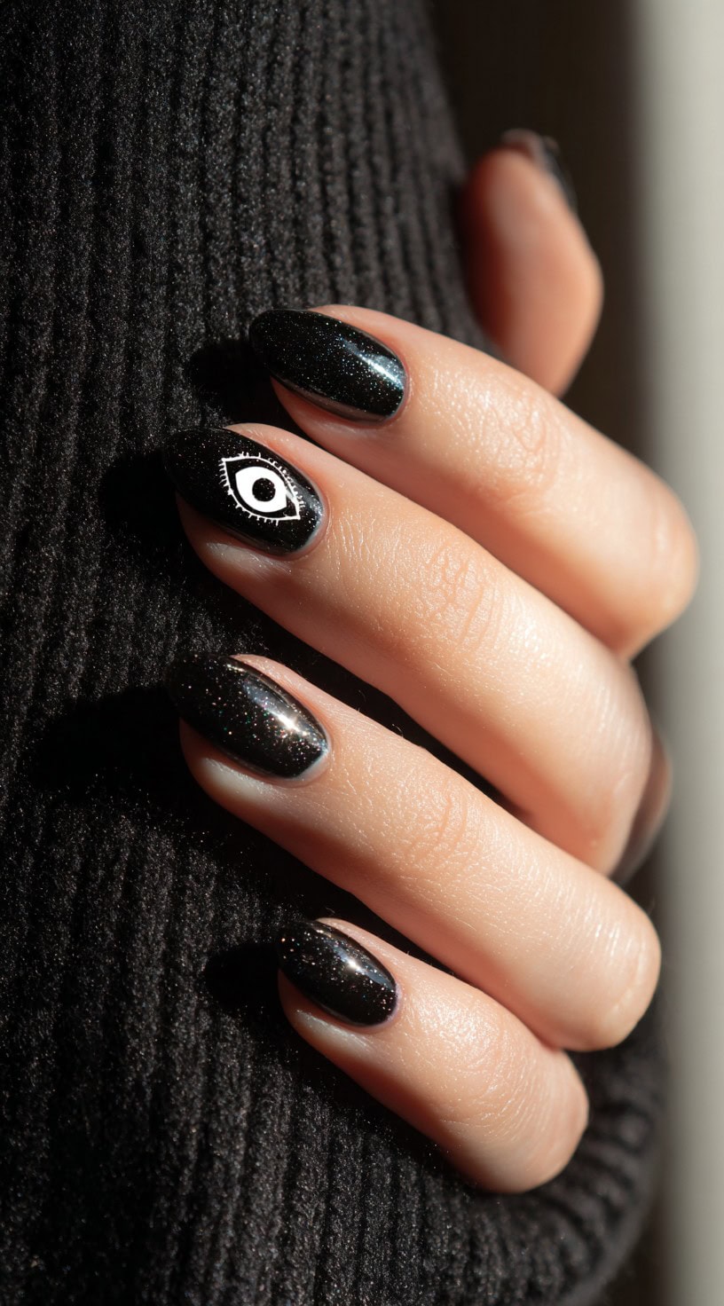 Shiny black almond-shaped nails with subtle sparkle and a white eye design on the middle finger.