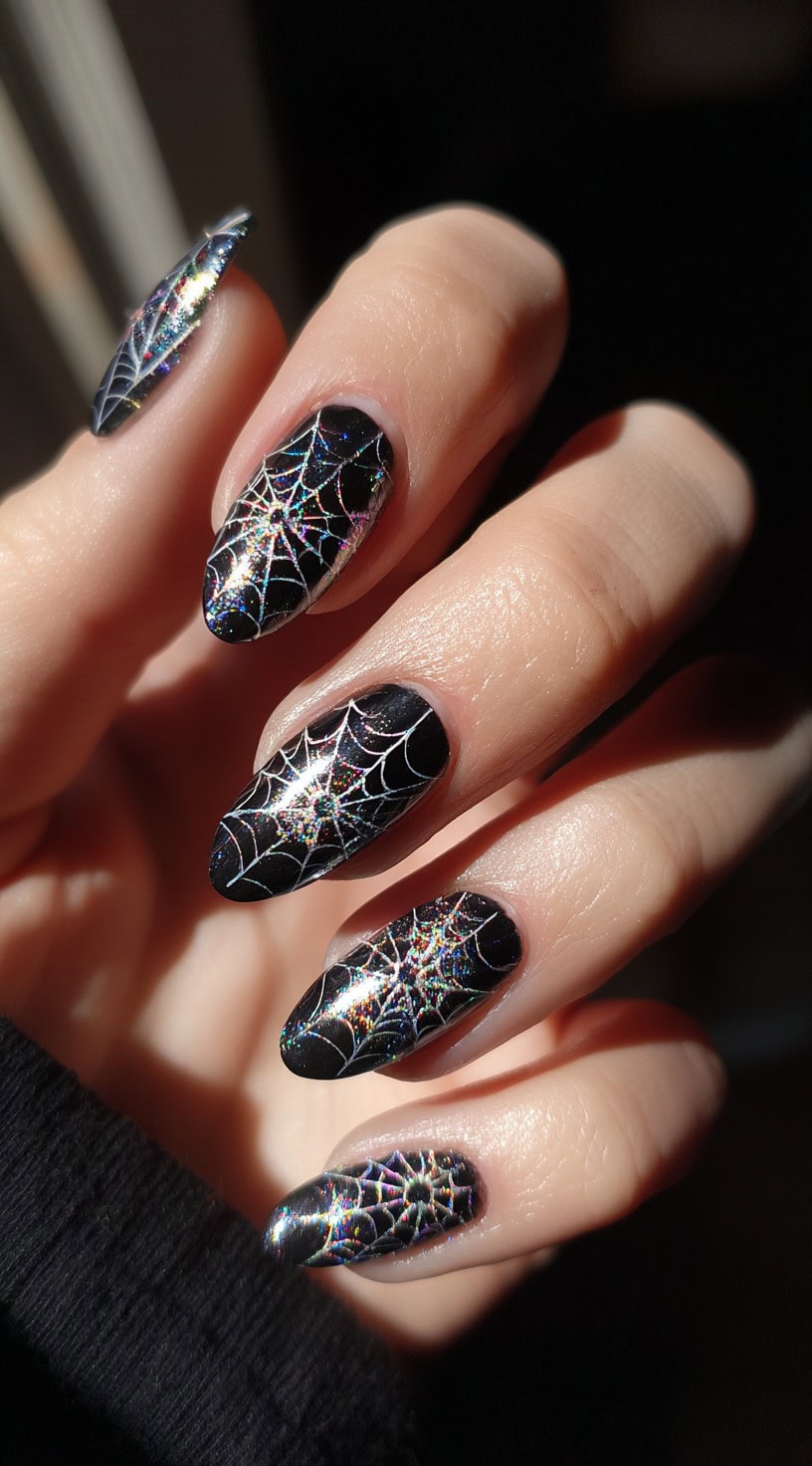 A close-up of oval nails painted black with holographic spiderwebs that shimmer under sunlight.