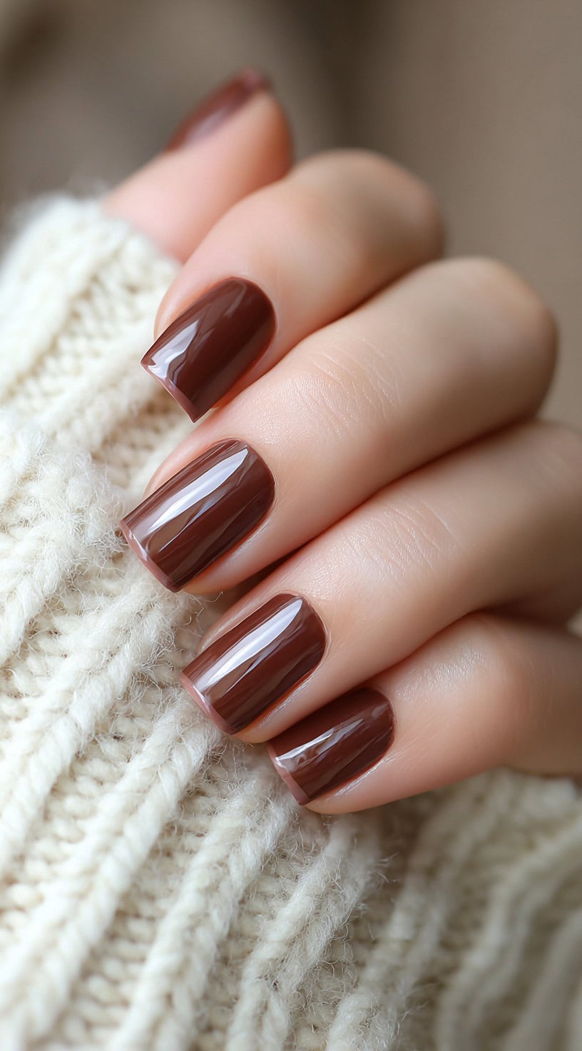 Square-shaped nails in glossy chocolate brown with a faintly darker line along the tips.