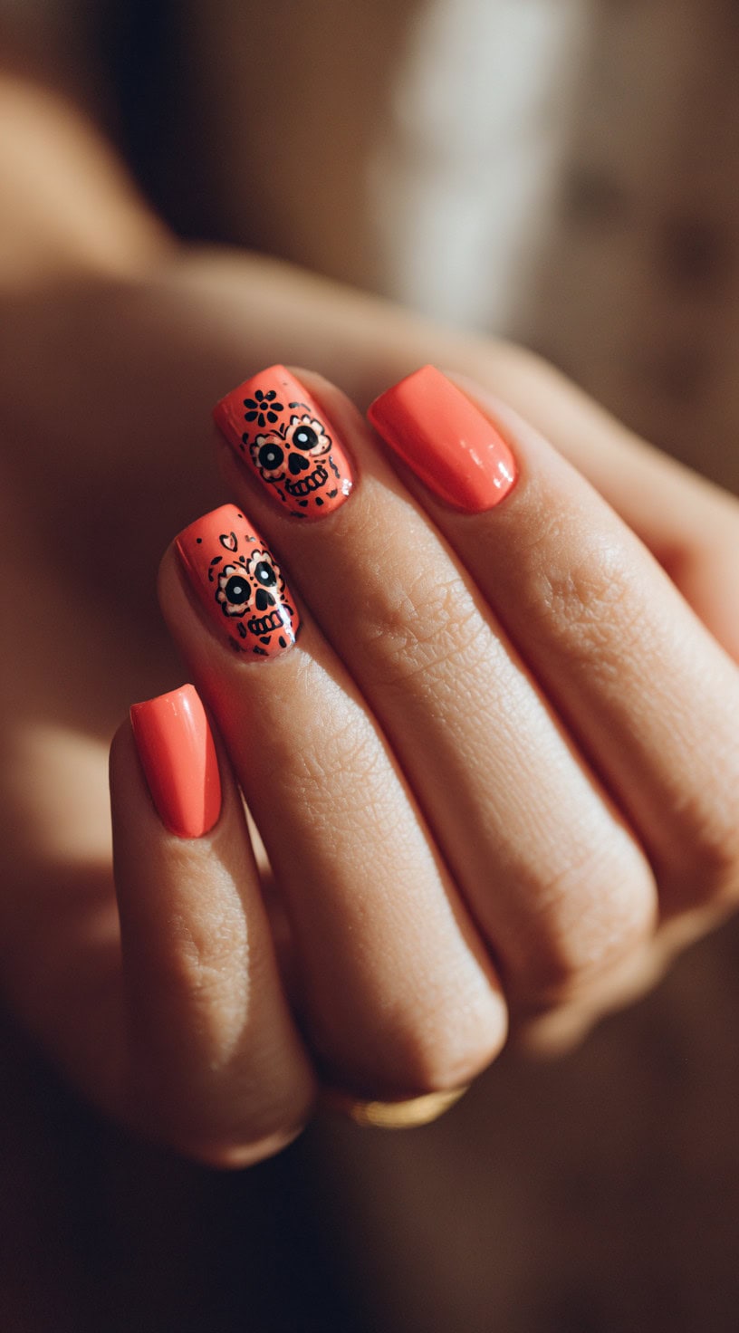 Short glossy coral nails with two accent nails showcasing delicate black sugar skull outlines.