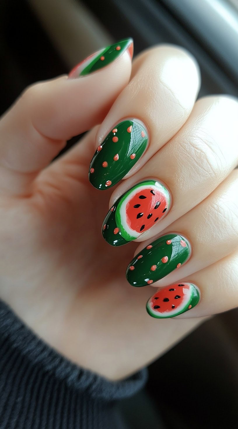 A hand featuring glossy green nails accented with realistic watermelon slices and tiny melon-colored dots.