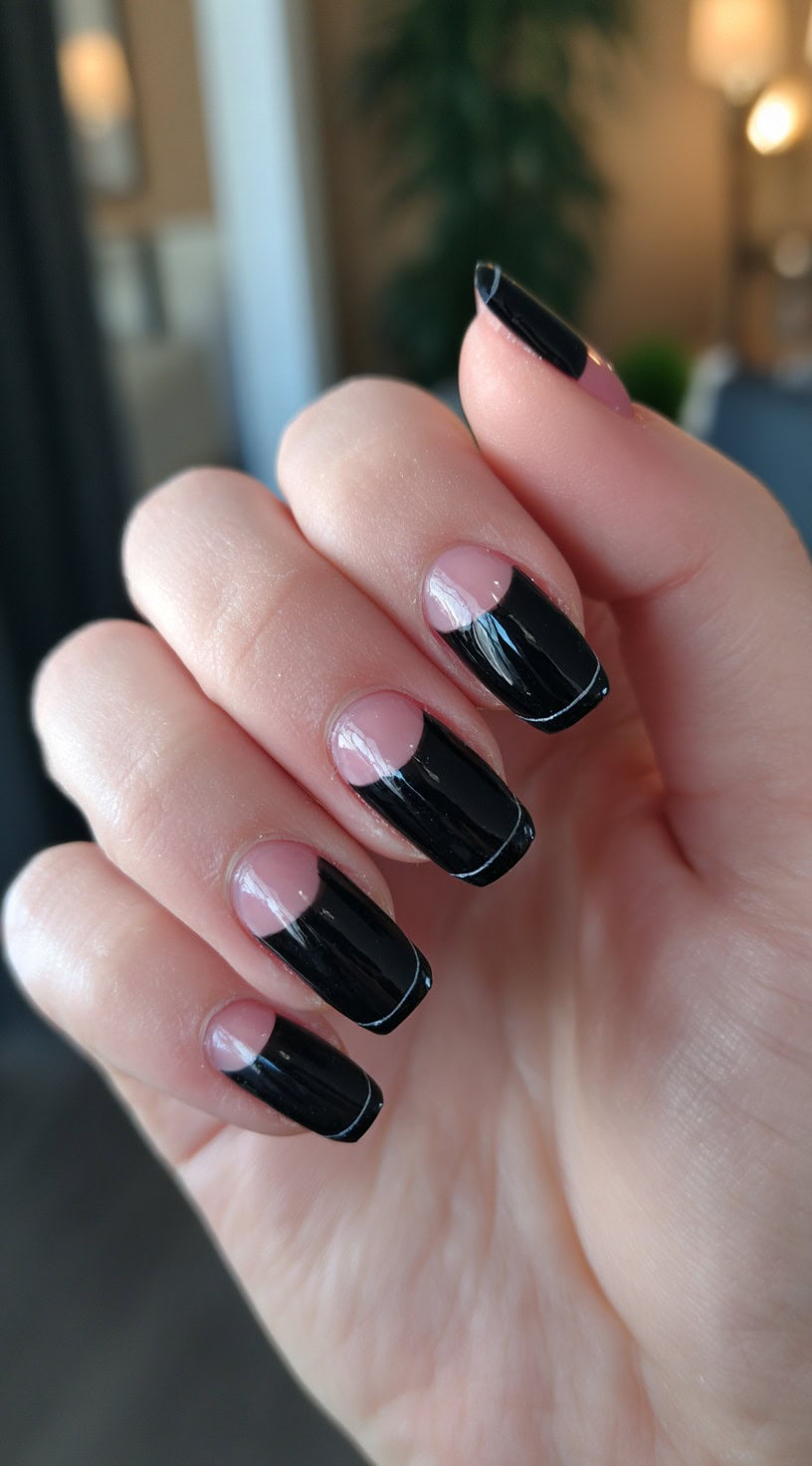 Glossy square nails with a natural pink base and bold black polish forming a half-moon design.