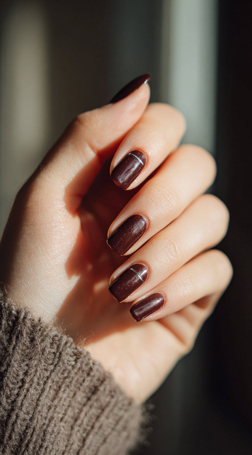Short square nails in a rich chocolate brown gloss with subtle horizontal light stripes reflecting off two nails.