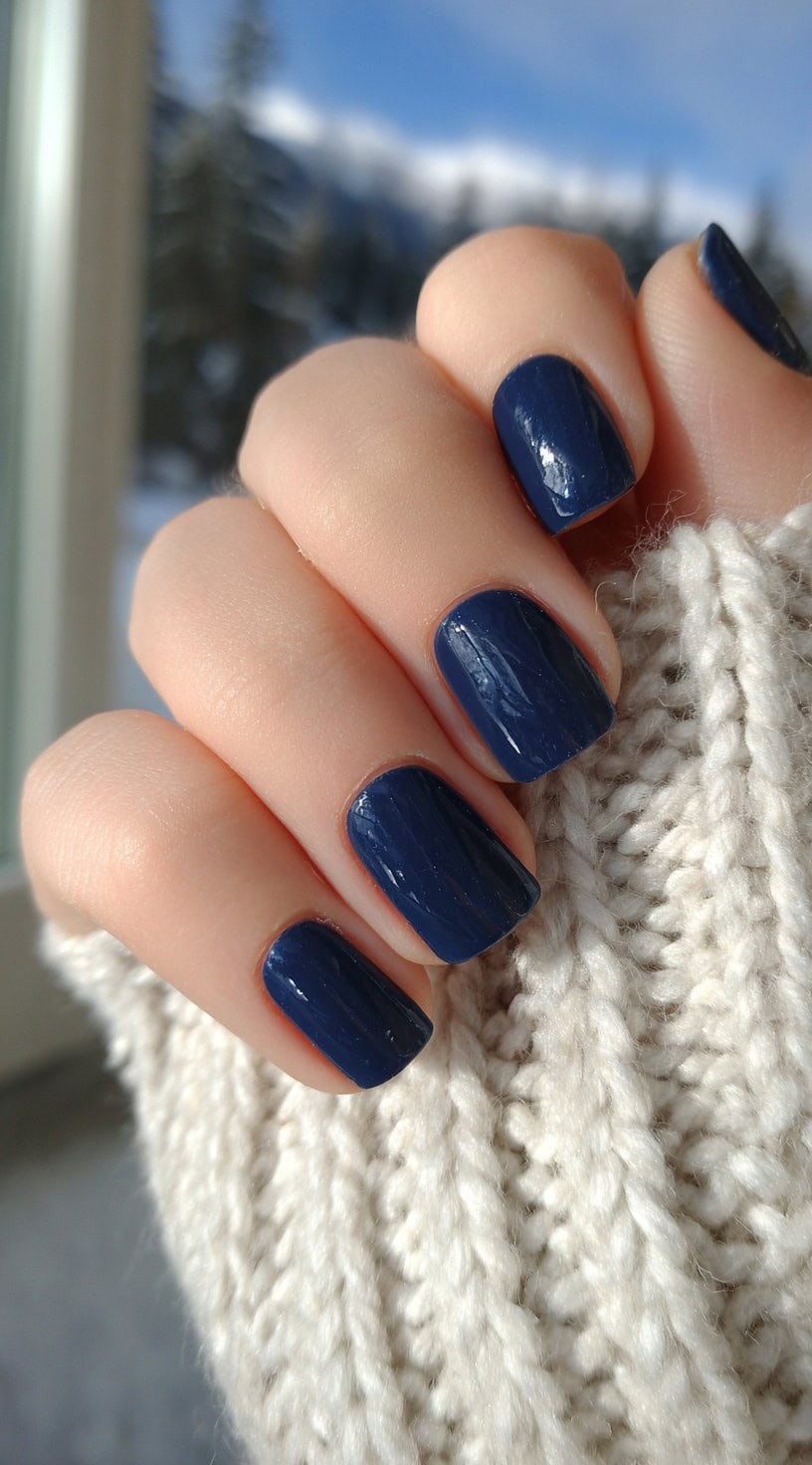 A close-up of square-shaped navy blue nails with a glossy finish, held against a cream knit sweater.