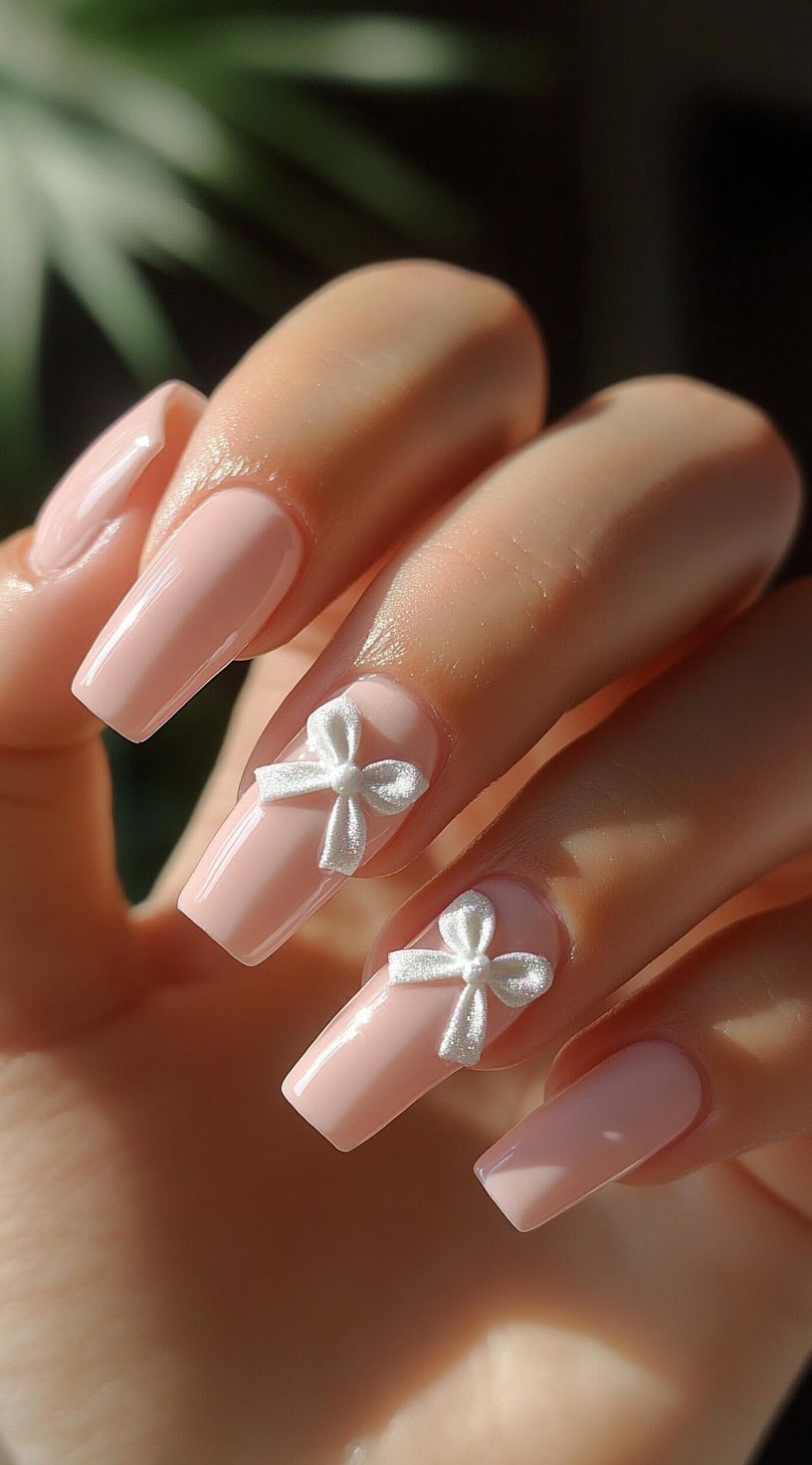 A set of nude-colored square nails with a glossy finish, featuring 3D white bow embellishments on two accent nails.