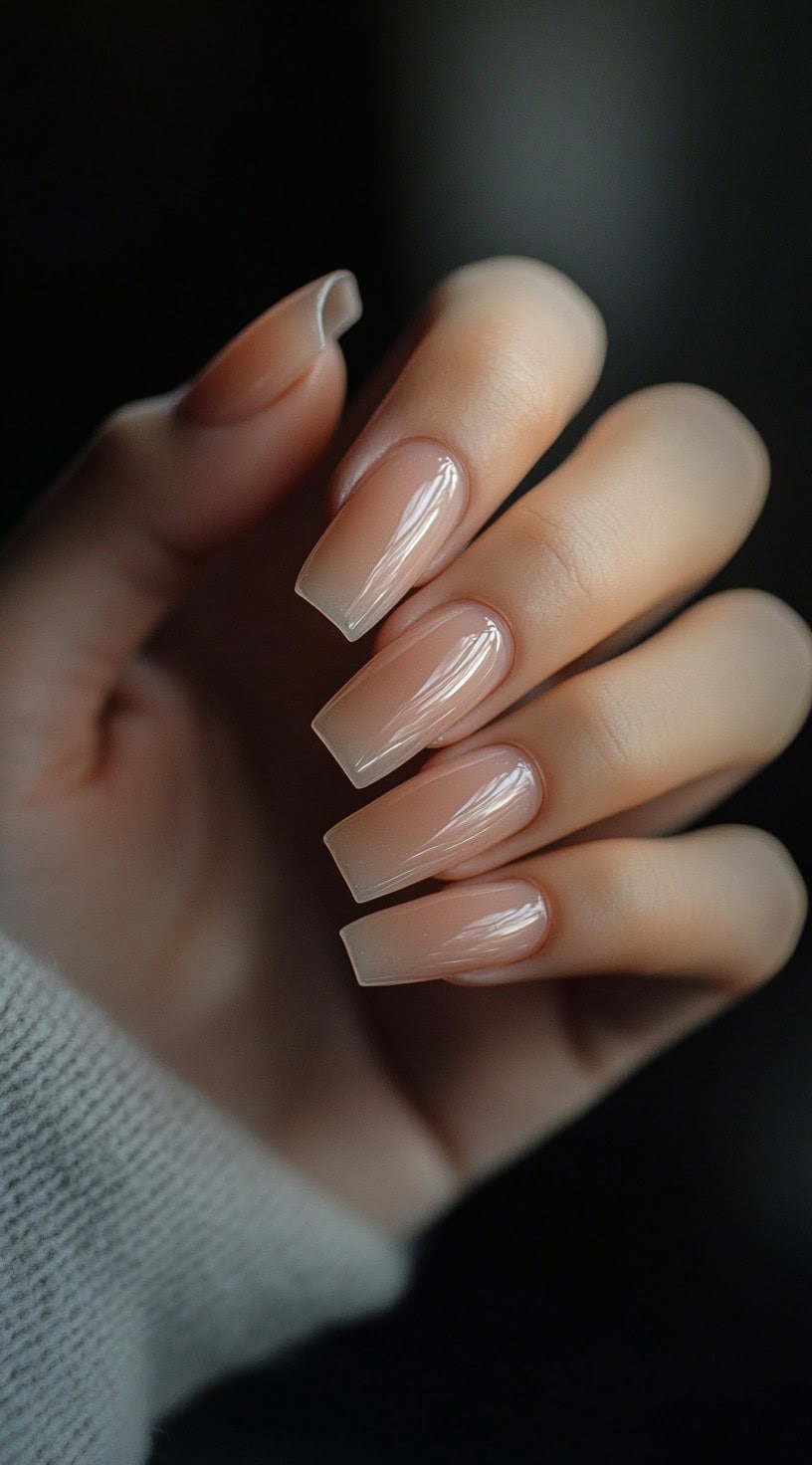 A set of long square-shaped nails with a nude glossy base and a barely-there, translucent effect.