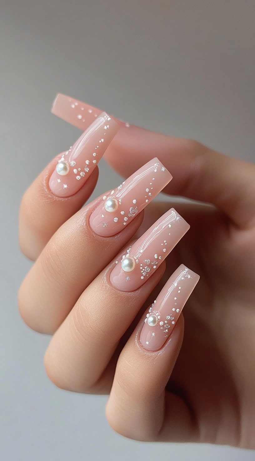 Five glossy pink coffin nails embellished with pearl accents and scattered silver glitter clusters.