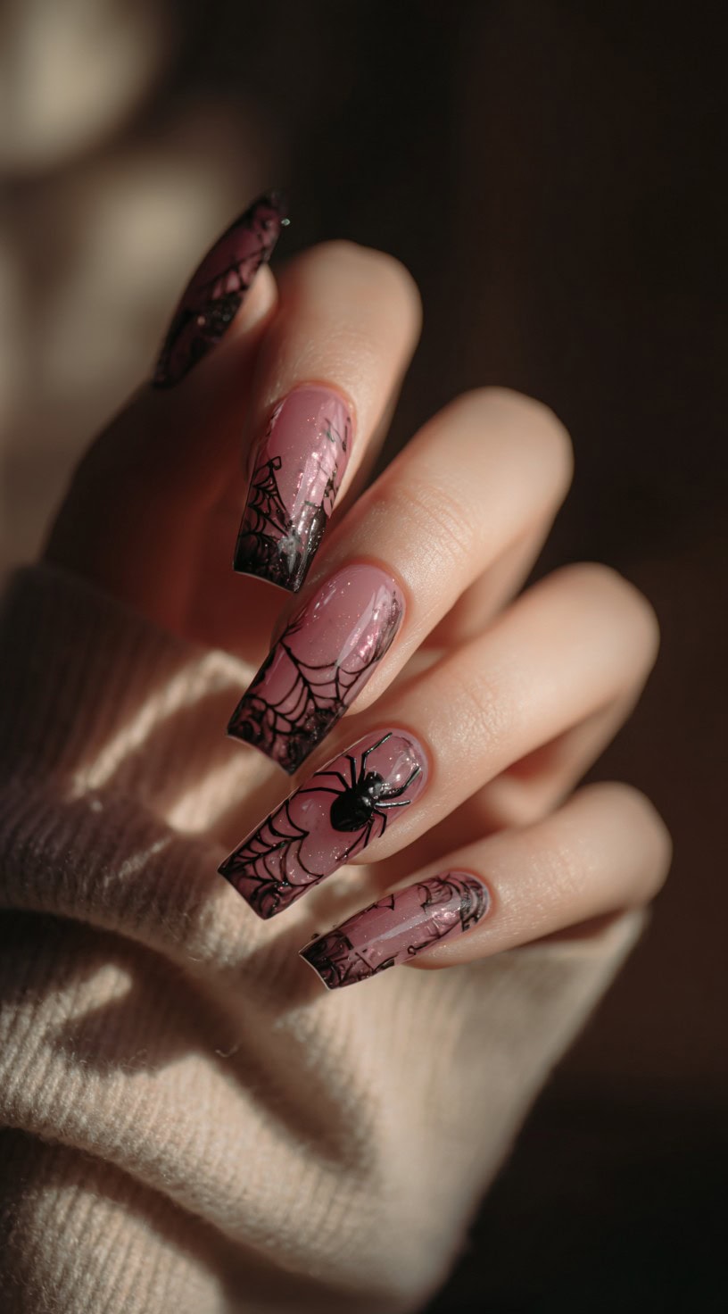 A hand with long glossy pink nails decorated with black spiderwebs and a black spider near the cuticle.