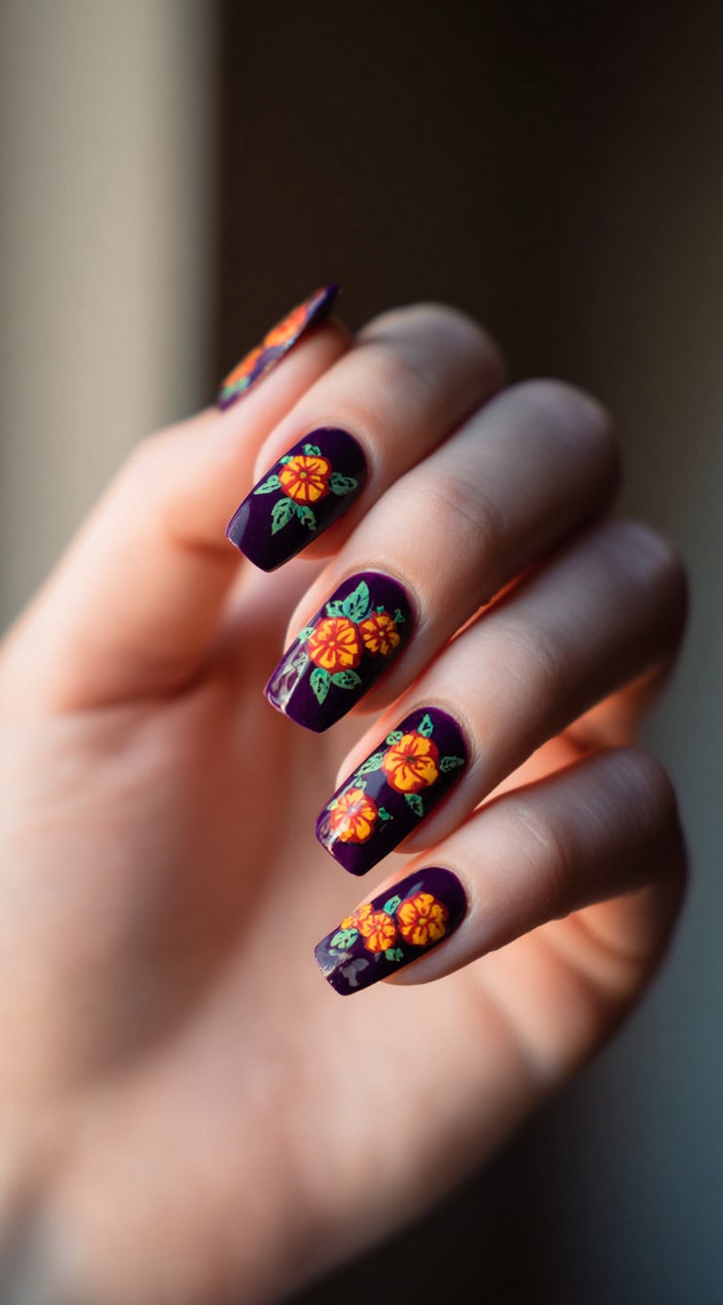 Long glossy purple nails decorated with bright orange and yellow marigold flowers and green leaves.