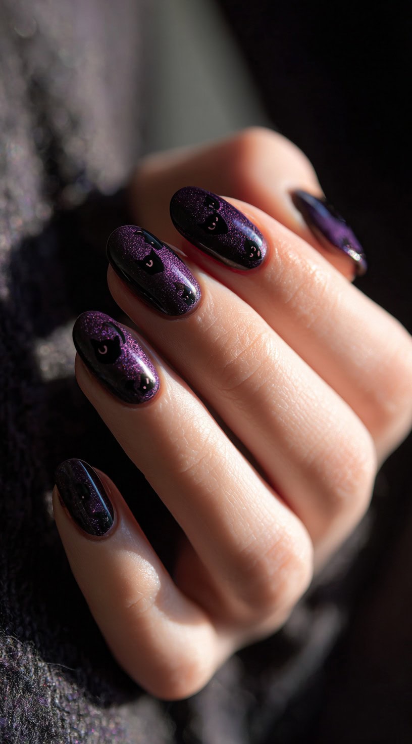 Almond-shaped nails in a deep purple shimmer polish with black cat silhouettes and tiny crescent moons.