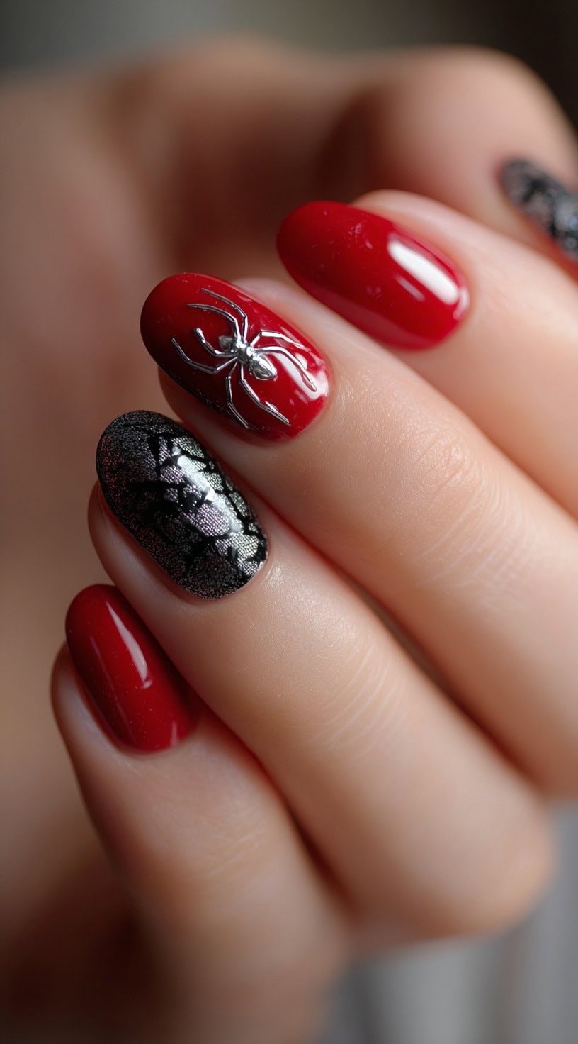 A hand with short round red nails, one black accent nail with a silver spider design, and another with a shimmery web effect.