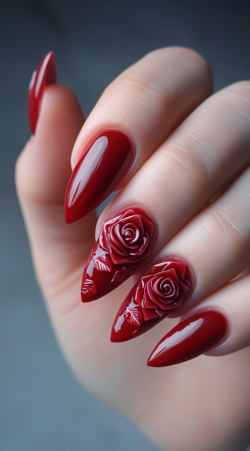 Glossy red almond nails featuring raised 3D rose designs on two accent fingers.