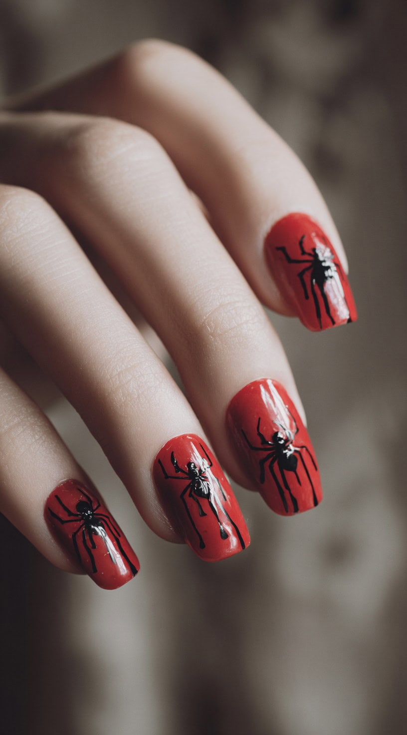 A hand with bright red nails featuring shiny black spiders crawling vertically down each nail.