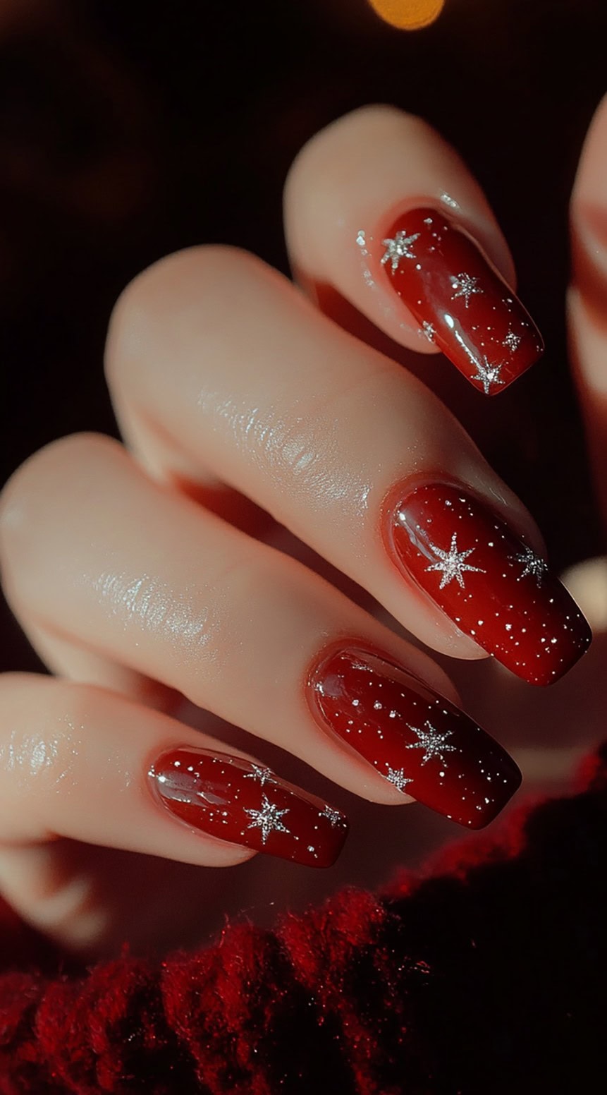 Glossy red square nails adorned with tiny silver stars and constellation-style accents.
