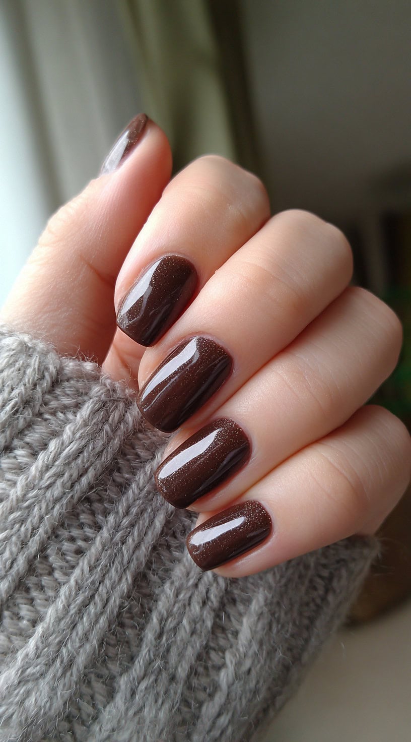 Short square nails painted in a glossy chocolate brown with fine shimmer, photographed in natural daylight.