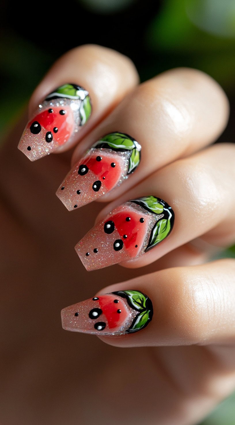 Square nails with a glittery clear base featuring shiny watermelon slices and bold green leaves for added detail.