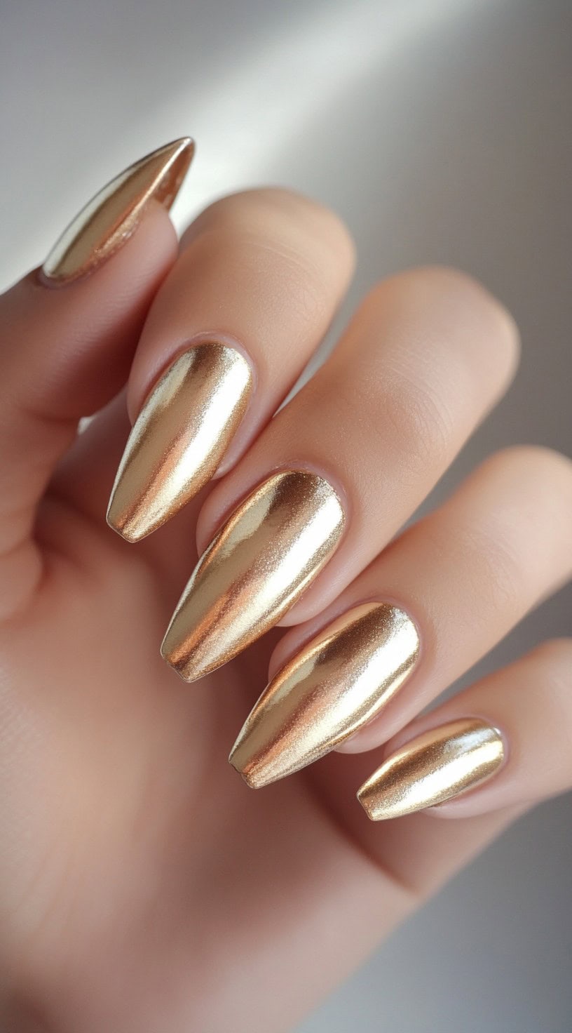 Long, almond-shaped nails with a high-shine gold chrome finish, creating a sleek and ultra-glamorous bridal look.