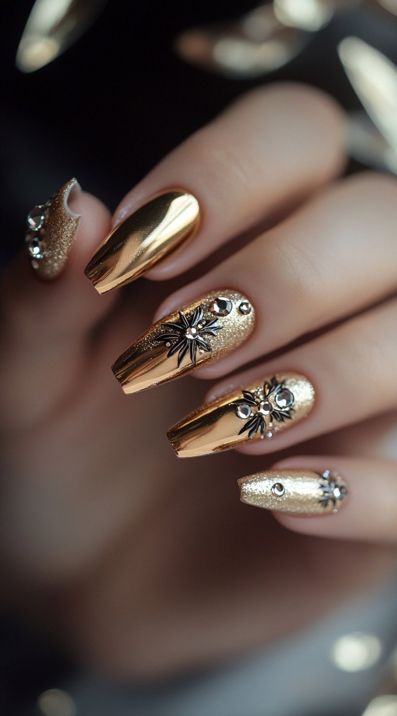 Almond-shaped nails with a reflective gold chrome finish and intricate black floral embellishments adorned with rhinestones.