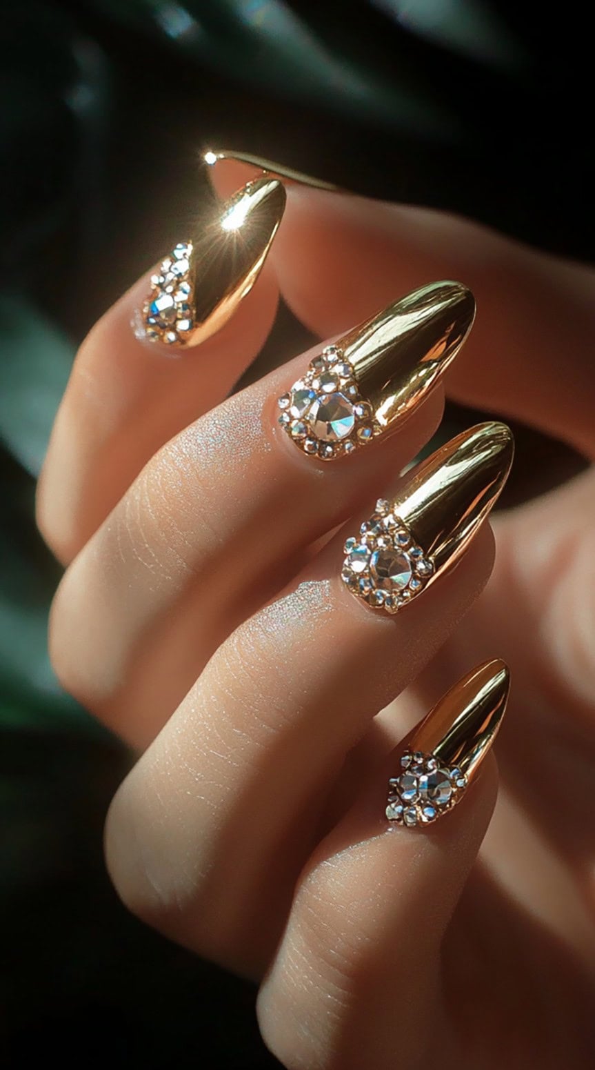 A hand with gold chrome almond-shaped nails adorned with crystal embellishments at the cuticles.