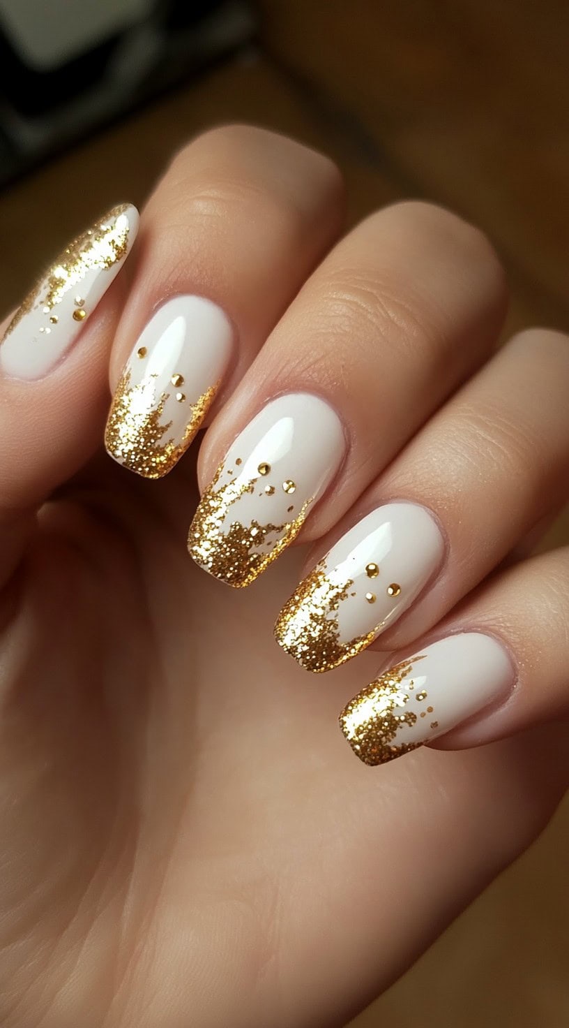 A set of long, square nails featuring a crisp white French tip with gold glitter cascading down towards the base.