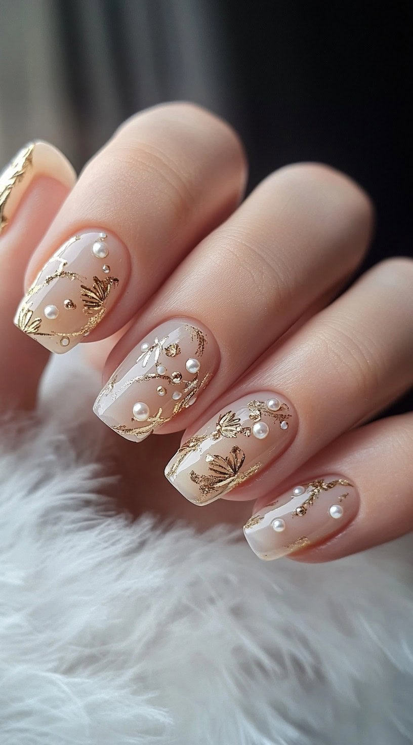 Short, square-shaped nails with a sheer nude base, intricate gold floral details, and small pearl embellishments for a delicate, vintage-inspired design.