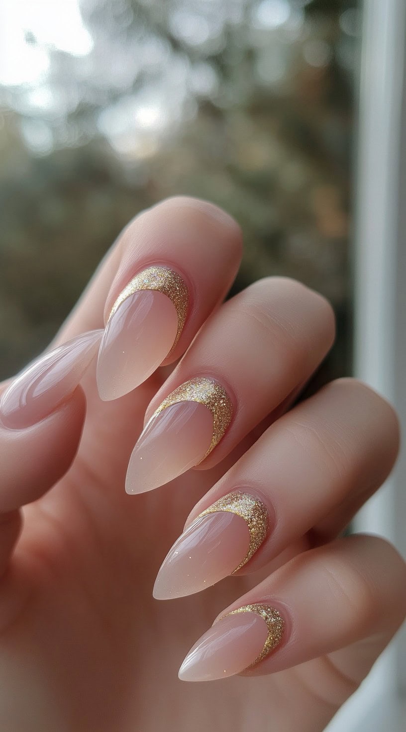 Almond-shaped nails with a sheer nude base and a reverse French tip featuring delicate gold glitter crescents.