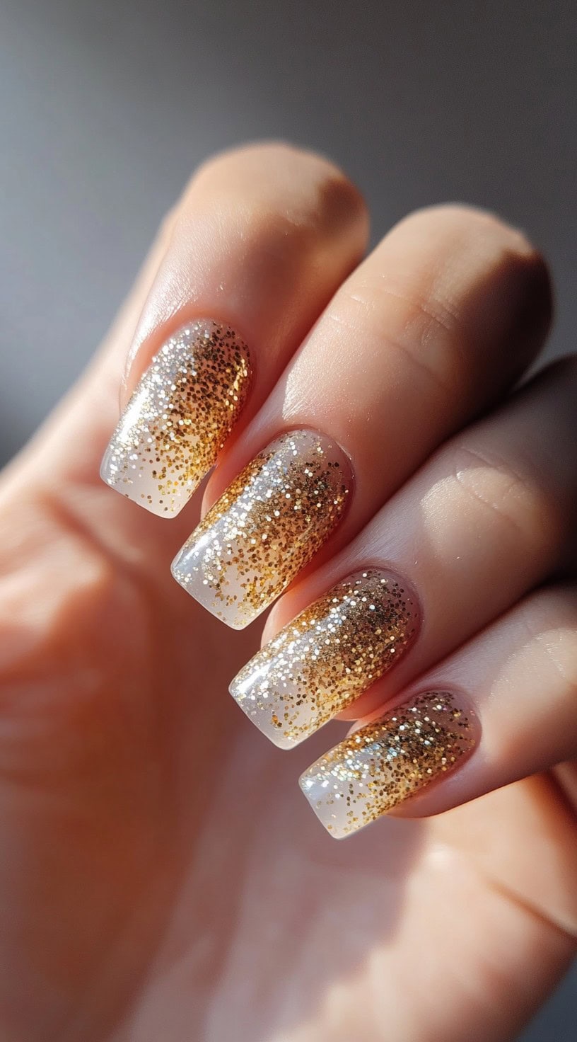 Square-shaped nails with a clear to gold glitter ombre effect, creating a soft, shimmering gradient that catches the light.