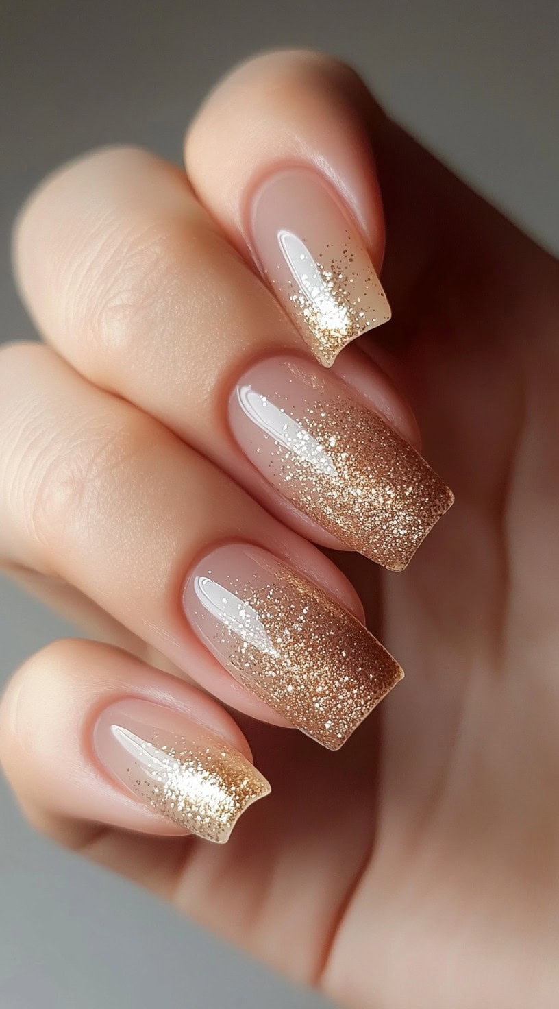 Square-shaped nails with a nude base transitioning into a sparkling gold glitter ombre effect.