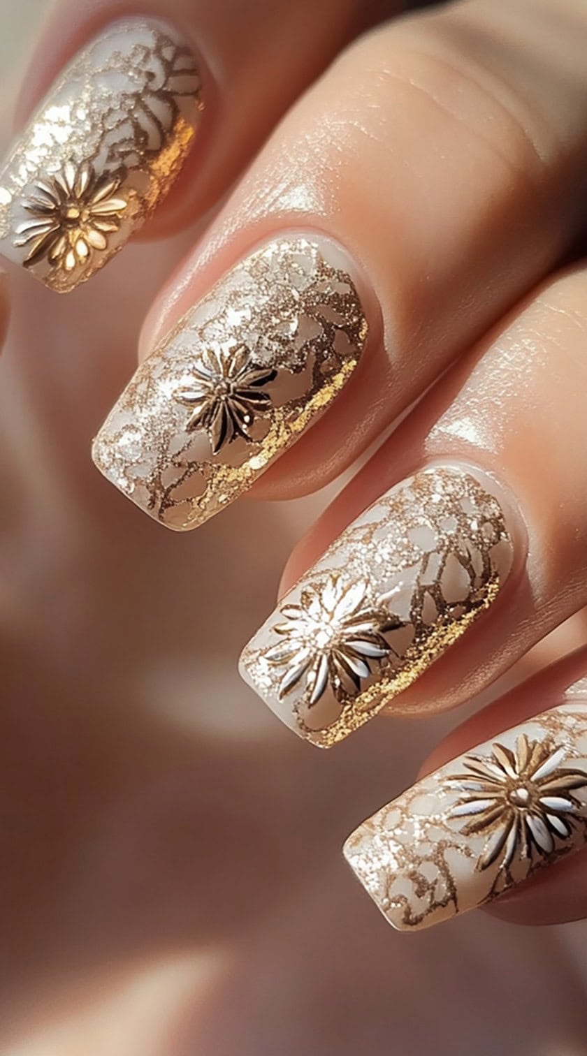 Square-shaped nails with a sheer nude base, intricate gold lace detailing, and 3D floral embellishments for an elegant bridal touch.