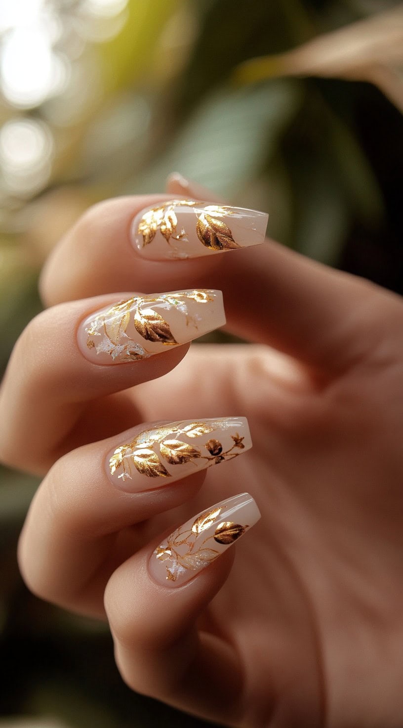 Long, coffin-shaped nails with a nude base and gold leaf accents arranged in a delicate, nature-inspired pattern.