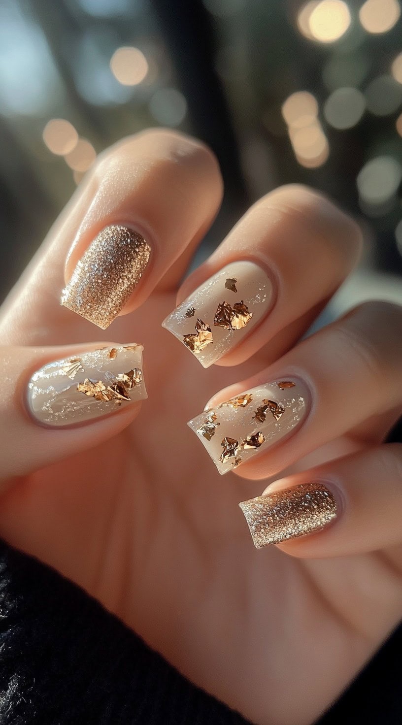 A close-up of a hand featuring square-shaped nails with gold leaf flakes and glitter accents, giving them a luxurious sparkle.