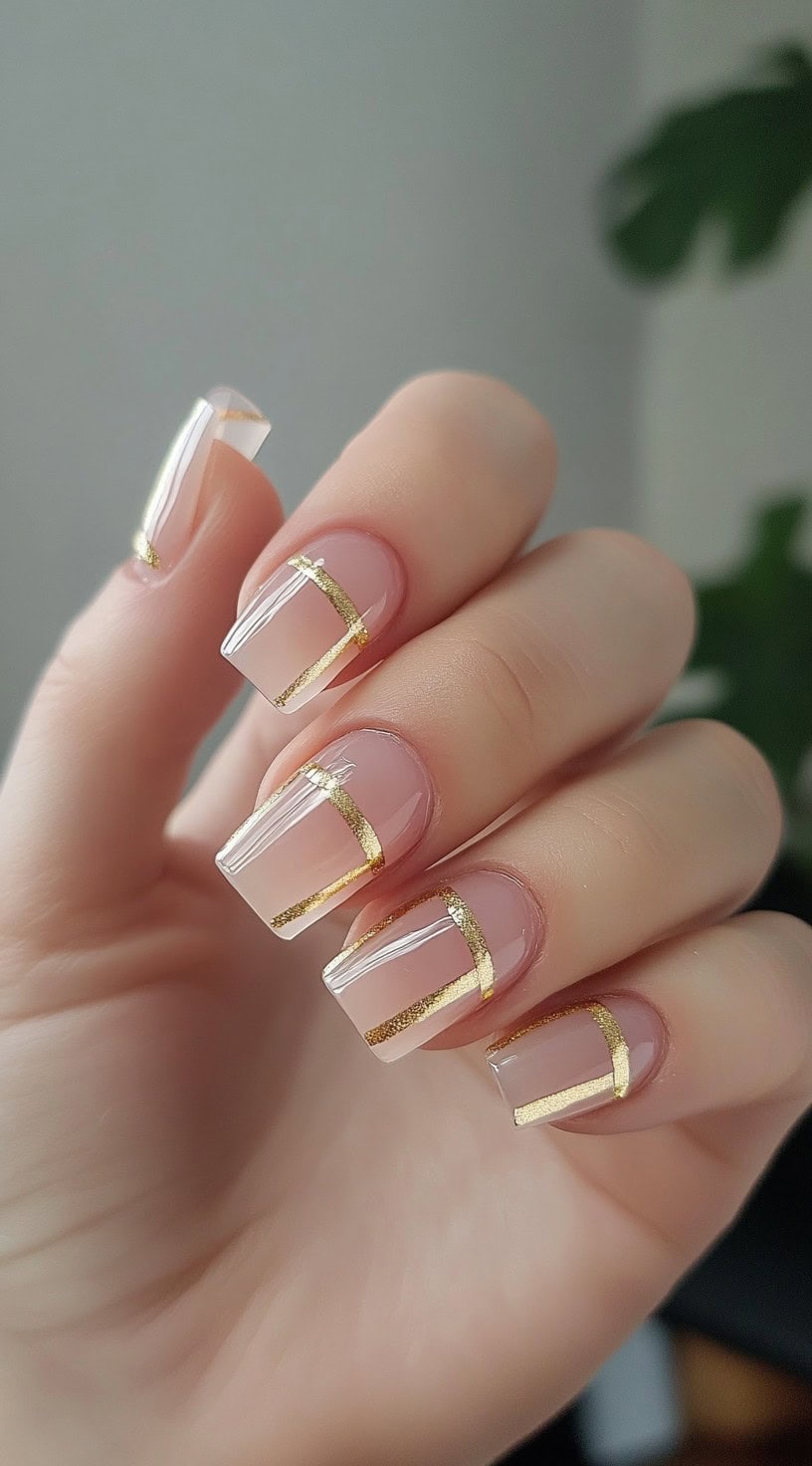 A hand featuring square-shaped nails with a transparent base and gold-lined French tips.