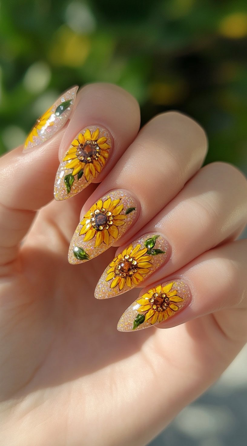 Almond-shaped nails with a sparkling gold base featuring detailed 3D sunflowers and rhinestone centers.