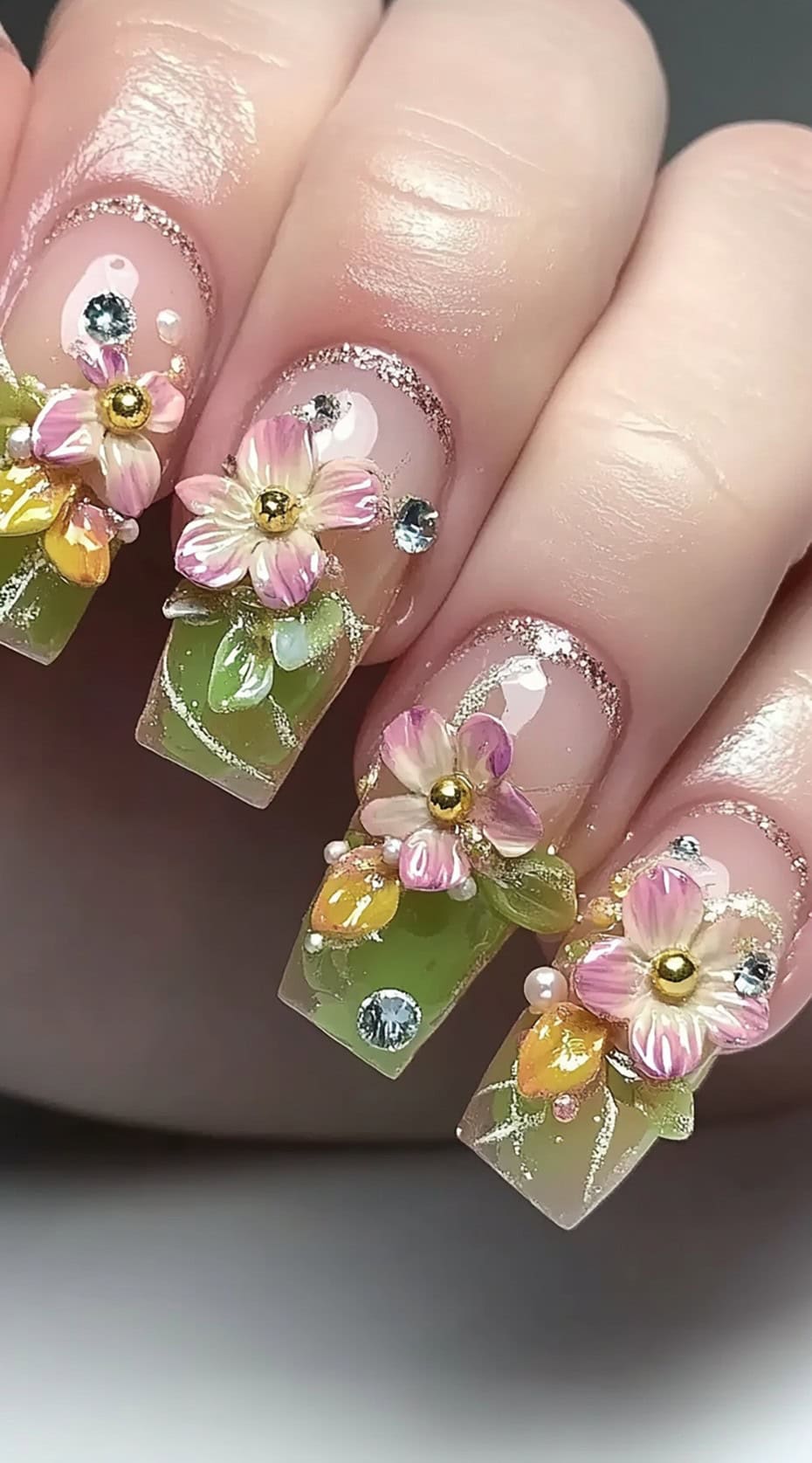 A set of square-shaped nails featuring a translucent green base with gold accents, adorned with intricate 3D pink and yellow flowers, rhinestones, and pearls.