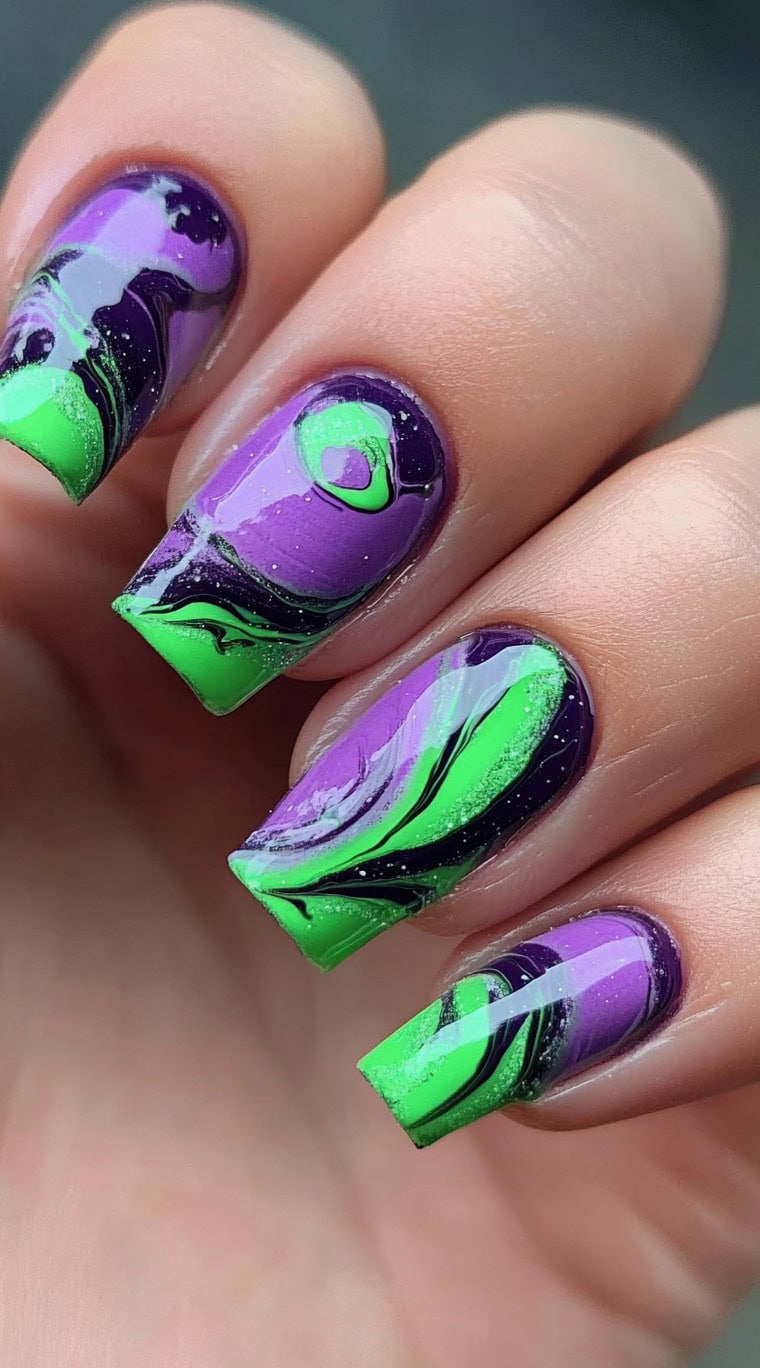 A vivid marble design in neon green and purple with black swirls on square-shaped nails.